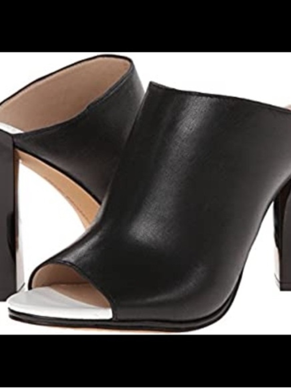French Connection Black Leather Peep-Toe Mule Heel- Bottega Inspired